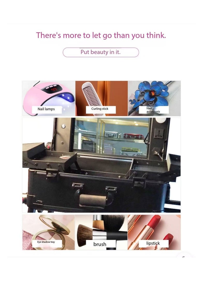 Professional Detachable 4-Wheel Rolling Makeup Train Case, Massive Capacity Cosmetic Trolley with Tri-Color Touch-LED Lights Mirror, Multi-Compartment Organizer, Adjustable Stand & Sturdy ABS Build for Beauty Artists' Salon & Travel