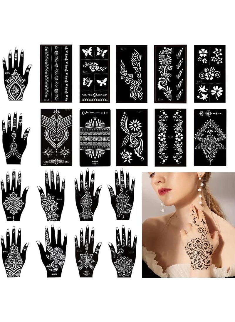 20 Sheets Henna Tattoo Stencils Kit, Temporary Tattoo Templates Indian Arabian Tattoo Stickers for Women and Girls Glitter Henna Stencil for DIY Face Body Paint
