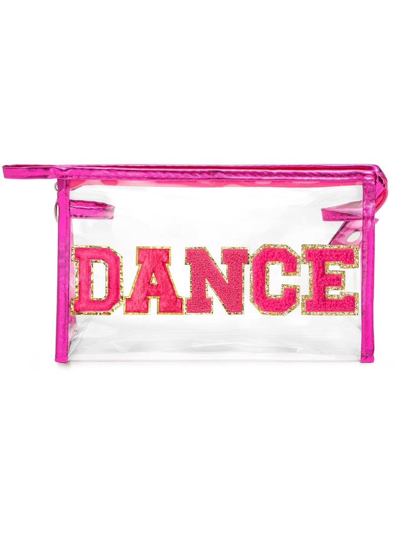 Y1tvei DANCE Clear Makeup Bag - Preppy Hot Pink Dance Chenille Patch Cosmetic Pouch Dancer Recital Survival Kit Extra Large PVC Transparent Toiletry Bag Waterproof Travel Organizer for Women(Rose Red)