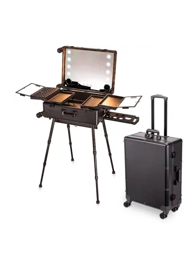 Professional Makeup Train Stand Case, Trolley Cosmetic Train Case, Large Cosmetic Support Case, Rolling Cosmetic Trolley Case, 21-Inch Professional Makeup Case with Built-in LED Lights, Retractable Handle & 360° Swivel Wheels, Portable Makeup Artist Toolbox for On-Site Makeup