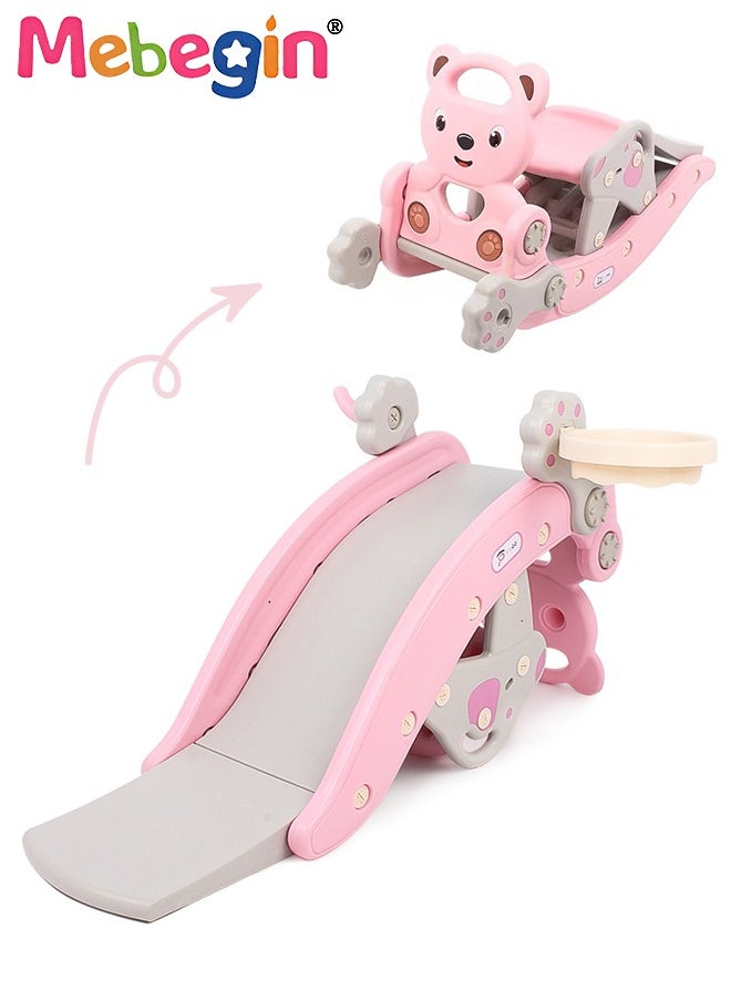 2 in 1 Foldable Slide with Basketball Hoop and Extra Long Slide Slope, Freestanding Baby Slide Climber Playset Toys, Can Transform into Rocking Horse, Indoor and Outdoor Use, 104*36*56cm