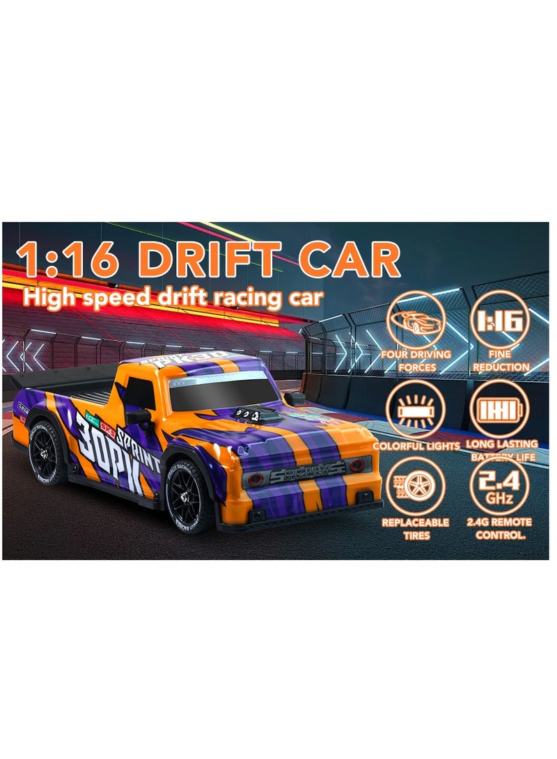 1/16 RC Drift Car, 2.4Ghz RTR RC Drift Car, 4x4 Light Up RC Drifting Racing Cars Fast 18KM/H Truck, 4WD All-Road Street Bash RC Truck Electric Powered High Speed Drifting for Adult