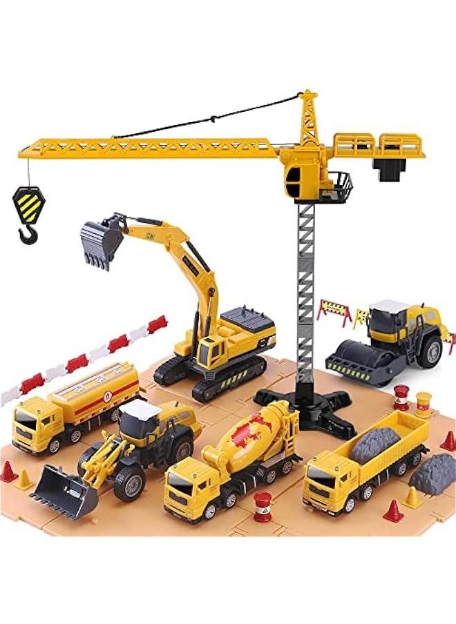 Construction Site Vehicles Toy Set, Kids Engineering Playset, Tractor, Digger, Crane, Dump Trucks, Excavator, Cement, Steamroller, Birthday Gift for 3 4 5 Year Old Toddlers Boys Children