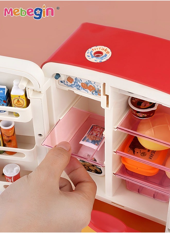 Kitchen Toys Fridge Refrigerator with Ice Dispenser Pretend Play Appliance for Kids, Play Kitchen Set with Kitchen Playset Accessories for Boys Girls Music and Light