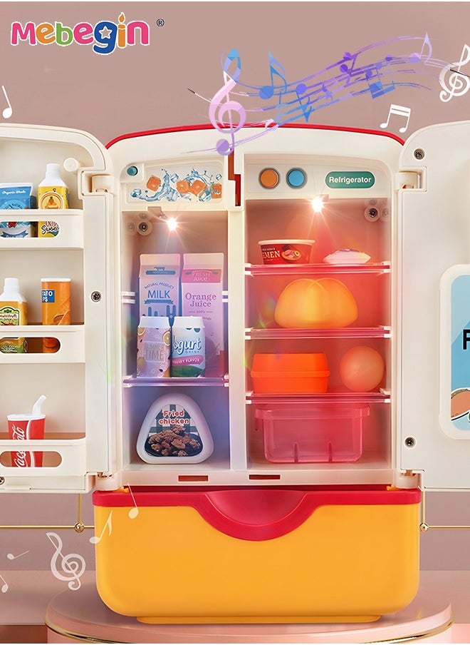 Kitchen Toys Fridge Refrigerator with Ice Dispenser Pretend Play Appliance for Kids, Play Kitchen Set with Kitchen Playset Accessories for Boys Girls Music and Light