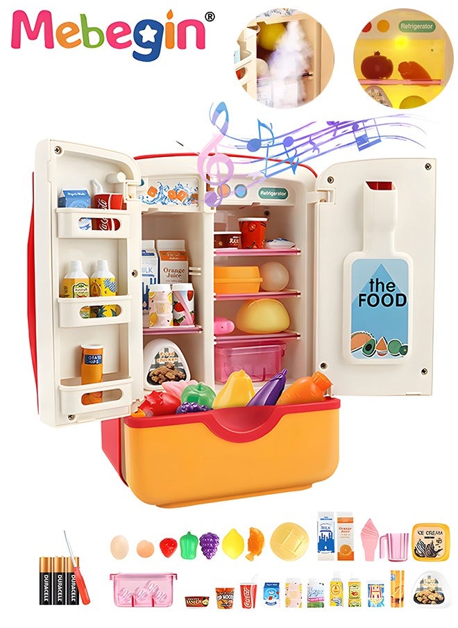 Kitchen Toys Fridge Refrigerator with Ice Dispenser Pretend Play Appliance for Kids, Play Kitchen Set with Kitchen Playset Accessories for Boys Girls Music and Light