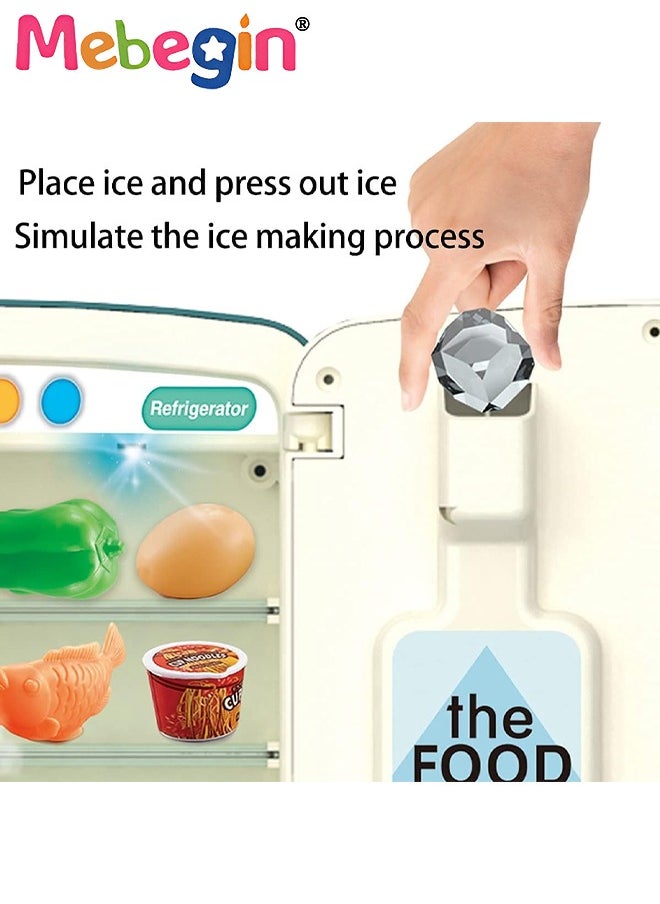 Kitchen Toys Fridge Refrigerator with Ice Dispenser Pretend Play Appliance for Kids, Play Kitchen Set with Kitchen Playset Accessories for Boys Girls Music and Light
