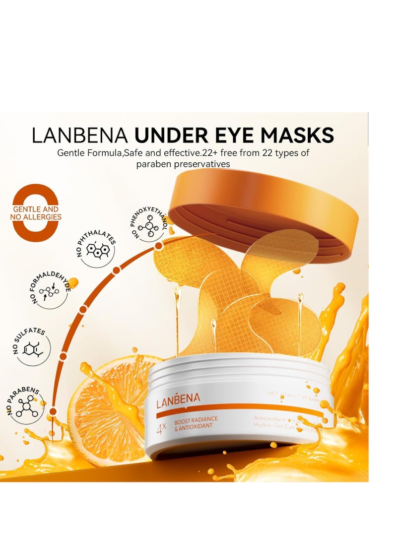 LANBENA Vitamin C Under Eye Patches for Dark Circles and Puffy Eyes, Cooling Eye Masks for Eye Bags, Fine Lines & Wrinkles Reduce, Anti-Aging, with Niacinamide Hydra-Gel Collagen-30 Pairs