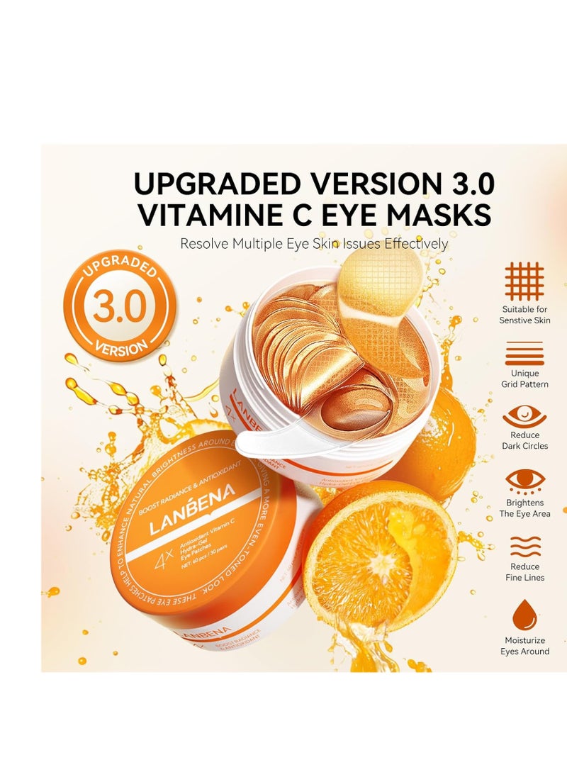 LANBENA Vitamin C Under Eye Patches for Dark Circles and Puffy Eyes, Cooling Eye Masks for Eye Bags, Fine Lines & Wrinkles Reduce, Anti-Aging, with Niacinamide Hydra-Gel Collagen-30 Pairs
