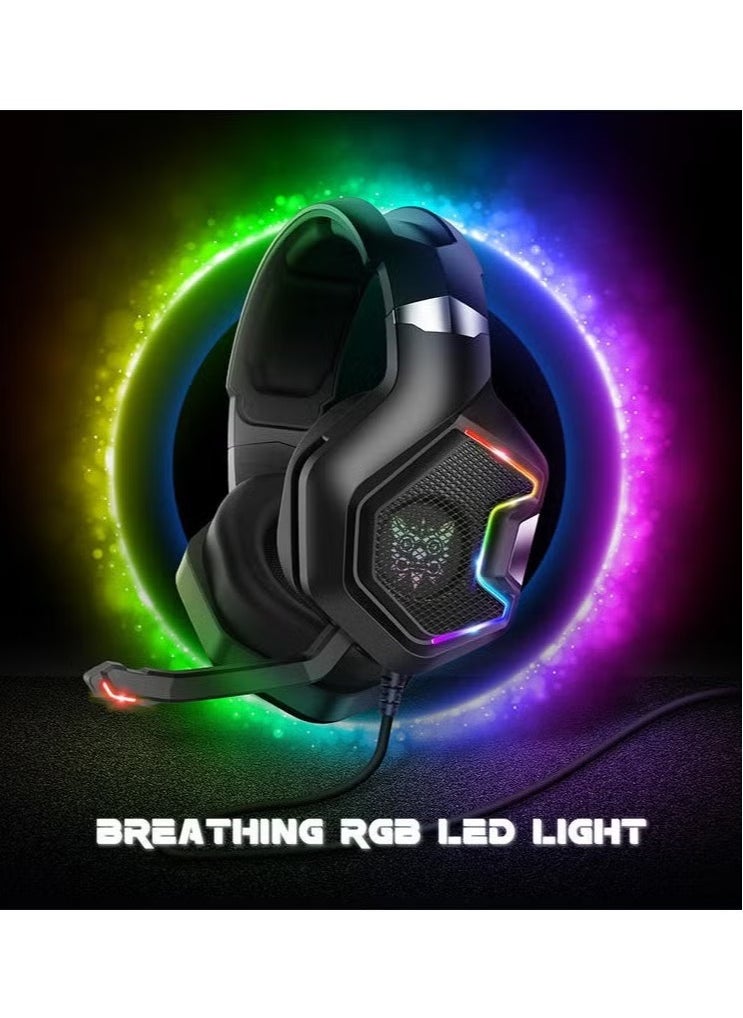 K10 Pro Gaming Headset with RGB Light – Surround Stereo Sound, Wired Headphones with Adjustable Mic, Comfortable Fit, Noise-Canceling, Compatible with PS4, Xbox One, PC, and Mobile Gaming