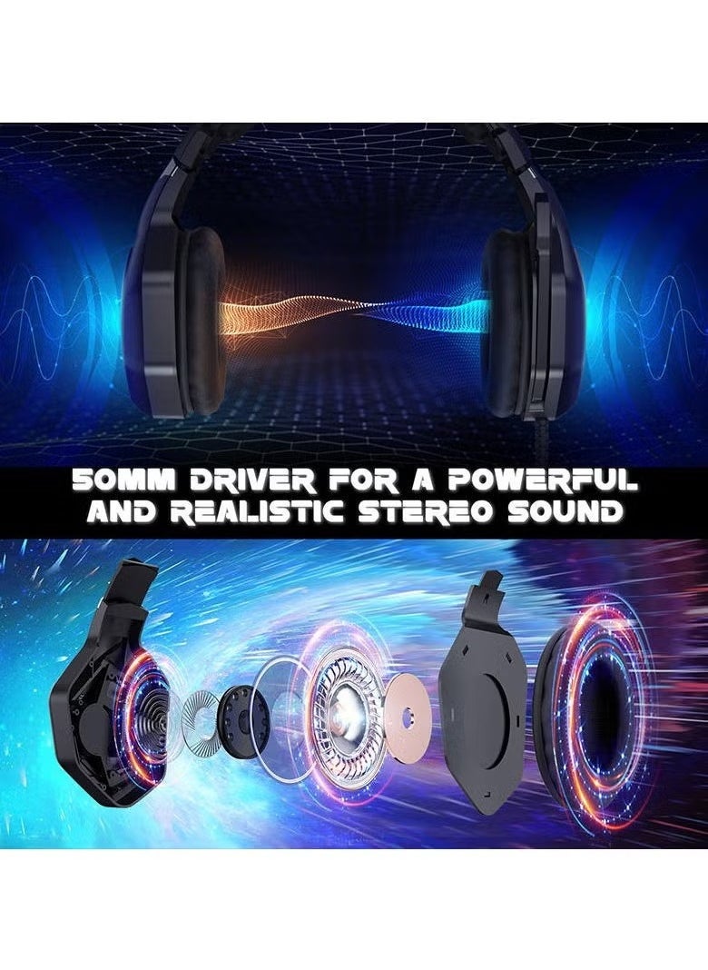 K10 Pro Gaming Headset with RGB Light – Surround Stereo Sound, Wired Headphones with Adjustable Mic, Comfortable Fit, Noise-Canceling, Compatible with PS4, Xbox One, PC, and Mobile Gaming