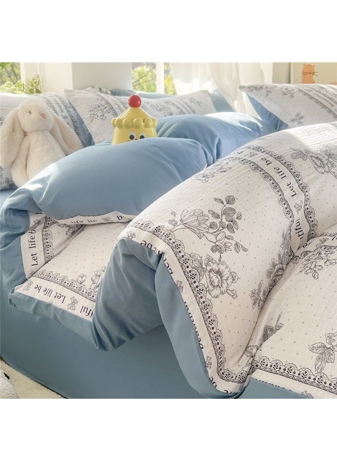 4-Piece Printed Duvet Cover With Pillowcase And Fitted Sheet Set  ，Duvet Cover Cotton Botanical Farmhouse Style