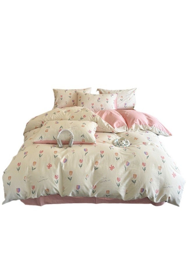 4-Piece European Style Printed Duvet Cover Set Polyester Multicolour， Pink Floral Duvet Cover Cute Tulip Printed on White Comforter Cover with Zipper Closure Soft Breathable Microfiber