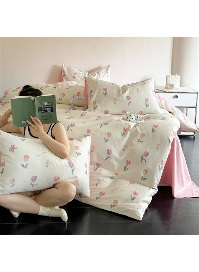 4-Piece European Style Printed Duvet Cover Set Polyester Multicolour， Pink Floral Duvet Cover Cute Tulip Printed on White Comforter Cover with Zipper Closure Soft Breathable Microfiber