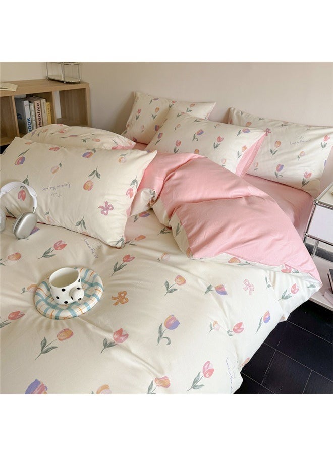 4-Piece European Style Printed Duvet Cover Set Polyester Multicolour， Pink Floral Duvet Cover Cute Tulip Printed on White Comforter Cover with Zipper Closure Soft Breathable Microfiber
