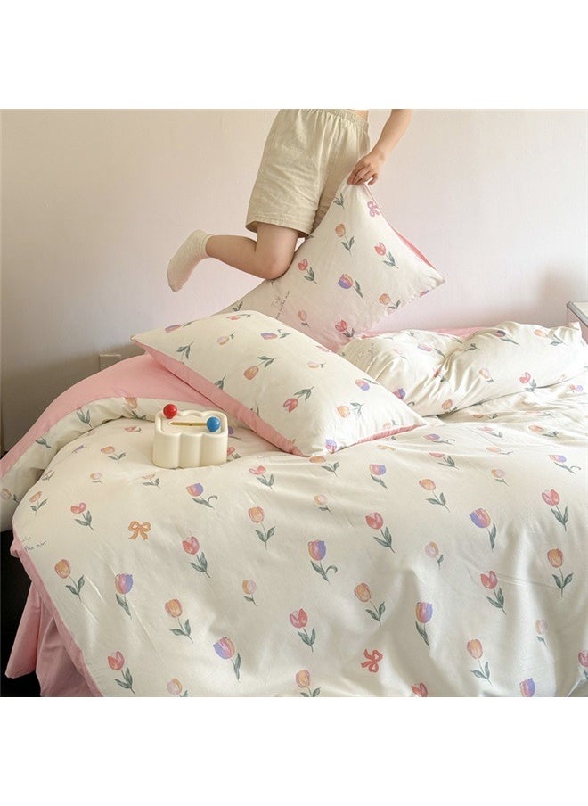 4-Piece European Style Printed Duvet Cover Set Polyester Multicolour， Pink Floral Duvet Cover Cute Tulip Printed on White Comforter Cover with Zipper Closure Soft Breathable Microfiber