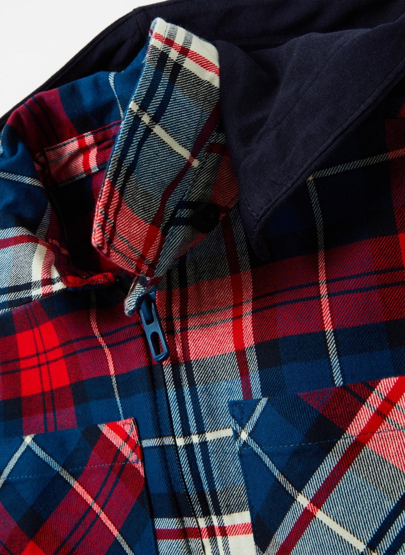 Check shacket with hood in fleece