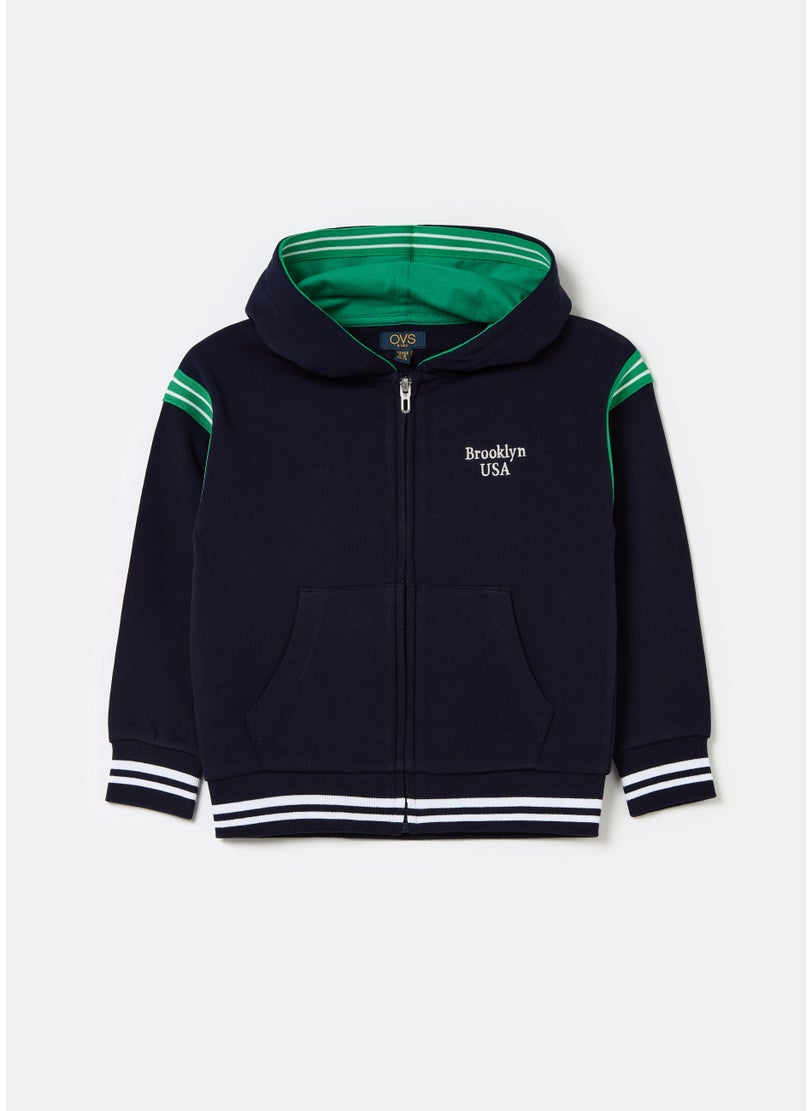 Full-zip sweatshirt with college print and striped edging