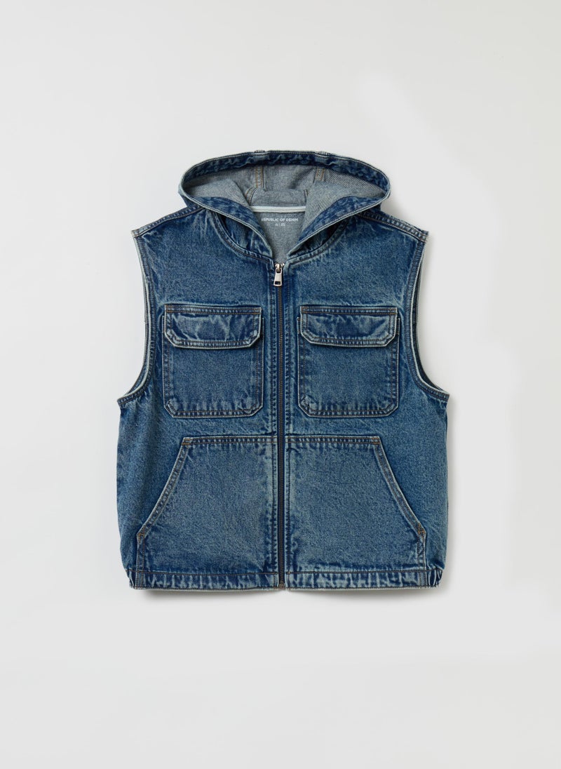 Full-zip denim gilet with hood