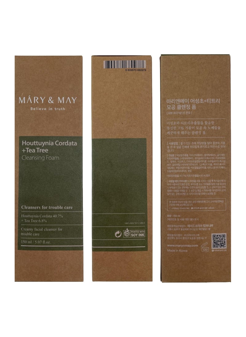 Mary&May Houttuynia Cordata + Tea Tree Cleansing Foam 5.07 Fl Oz / 150 ml | Pore Care, Cleanser for Trouble, Relieve Skin, Creamy Texture | Sensitive Skin