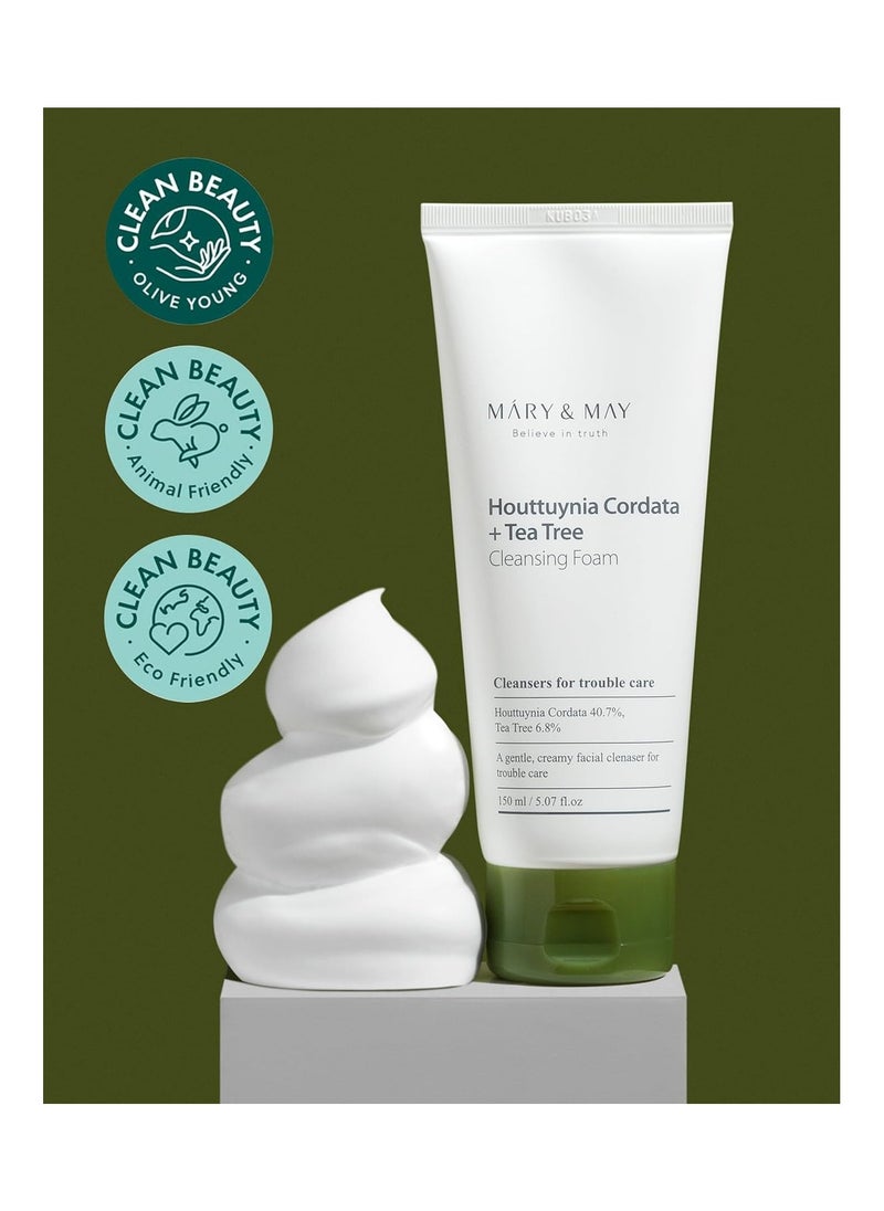 Mary&May Houttuynia Cordata + Tea Tree Cleansing Foam 5.07 Fl Oz / 150 ml | Pore Care, Cleanser for Trouble, Relieve Skin, Creamy Texture | Sensitive Skin