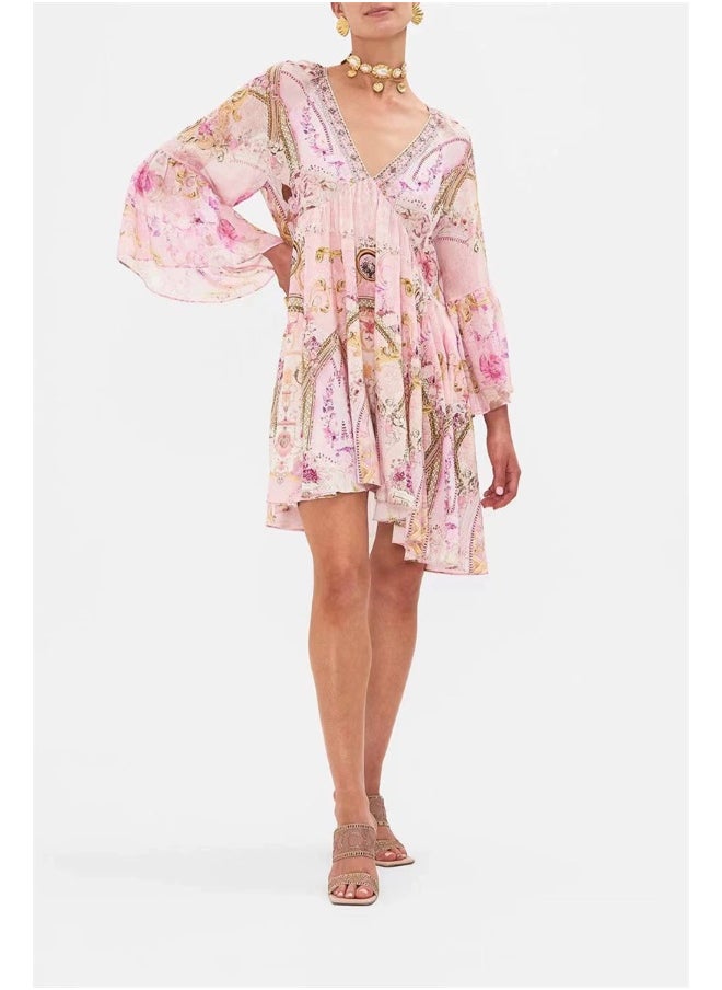 Pink Vintage Palace Print V-Neck Flared Sleeve Loose Maxi Dress