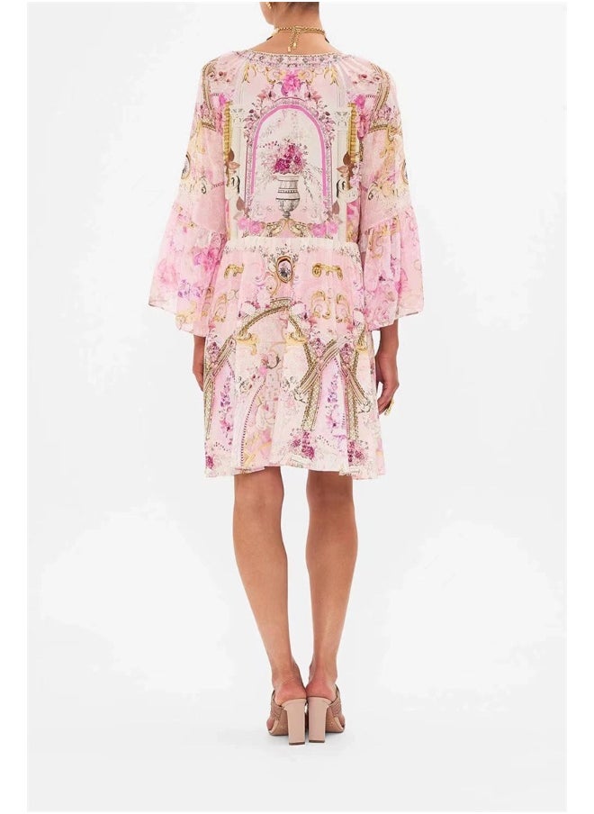 Pink Vintage Palace Print V-Neck Flared Sleeve Loose Maxi Dress