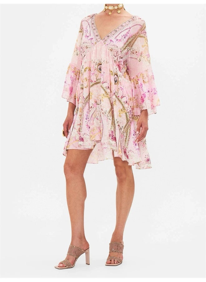 Pink Vintage Palace Print V-Neck Flared Sleeve Loose Maxi Dress
