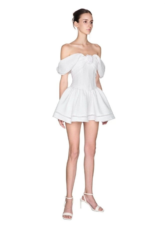Sweet Princess Style Off-Shoulder 3D Floral Puff Dress
