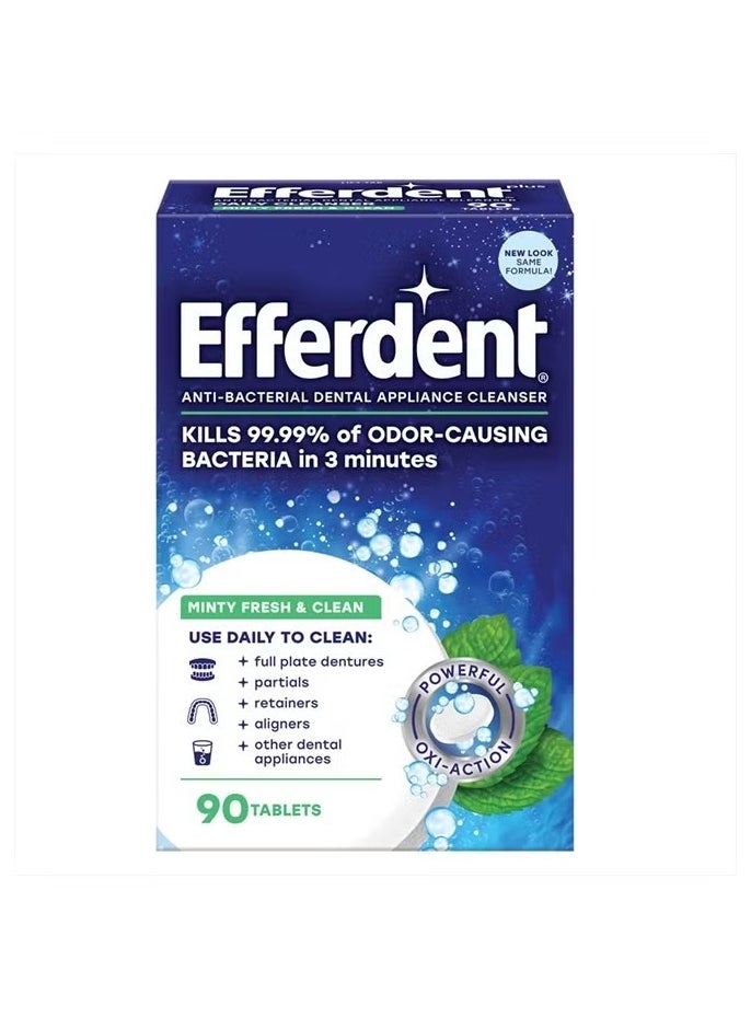 Efferdent Retainer Cleaning Tablets, Denture Cleanser Tablets for Dental Appliances, Fresh & Clean, Minty Fresh, 90 Tablets