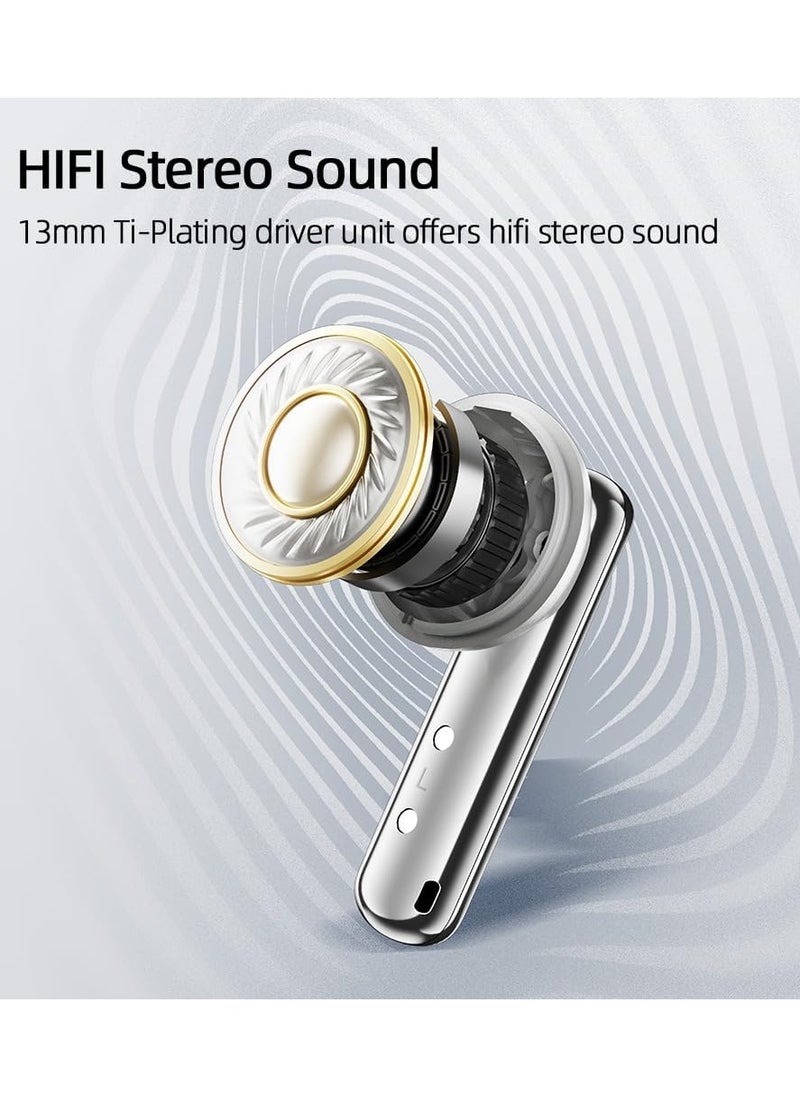 QCY AilyBuds Clear Bluetooth Earphones, 13mm Drivers HiFi TWS Wireless Earbuds, 4 Mics ENC Clear Call, Low Latency Mode, 10-Min Quick Charge, Semi in-Ear Comfortable Fit, White