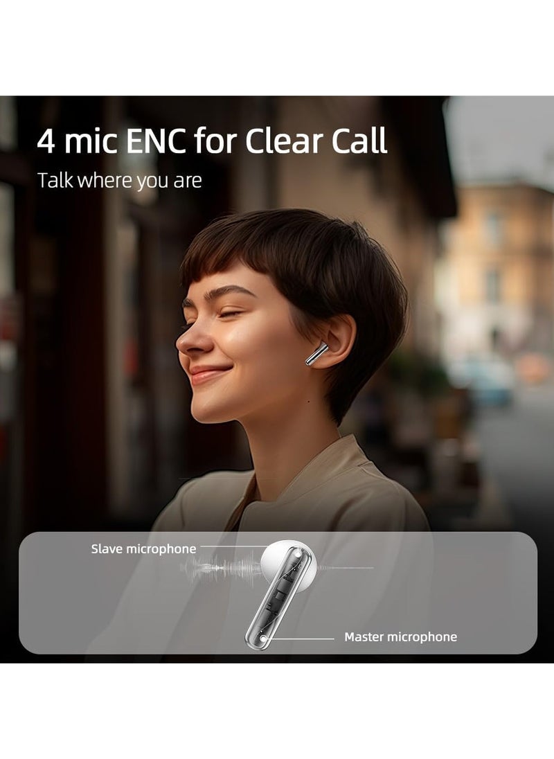 QCY AilyBuds Clear Bluetooth Earphones, 13mm Drivers HiFi TWS Wireless Earbuds, 4 Mics ENC Clear Call, Low Latency Mode, 10-Min Quick Charge, Semi in-Ear Comfortable Fit, White
