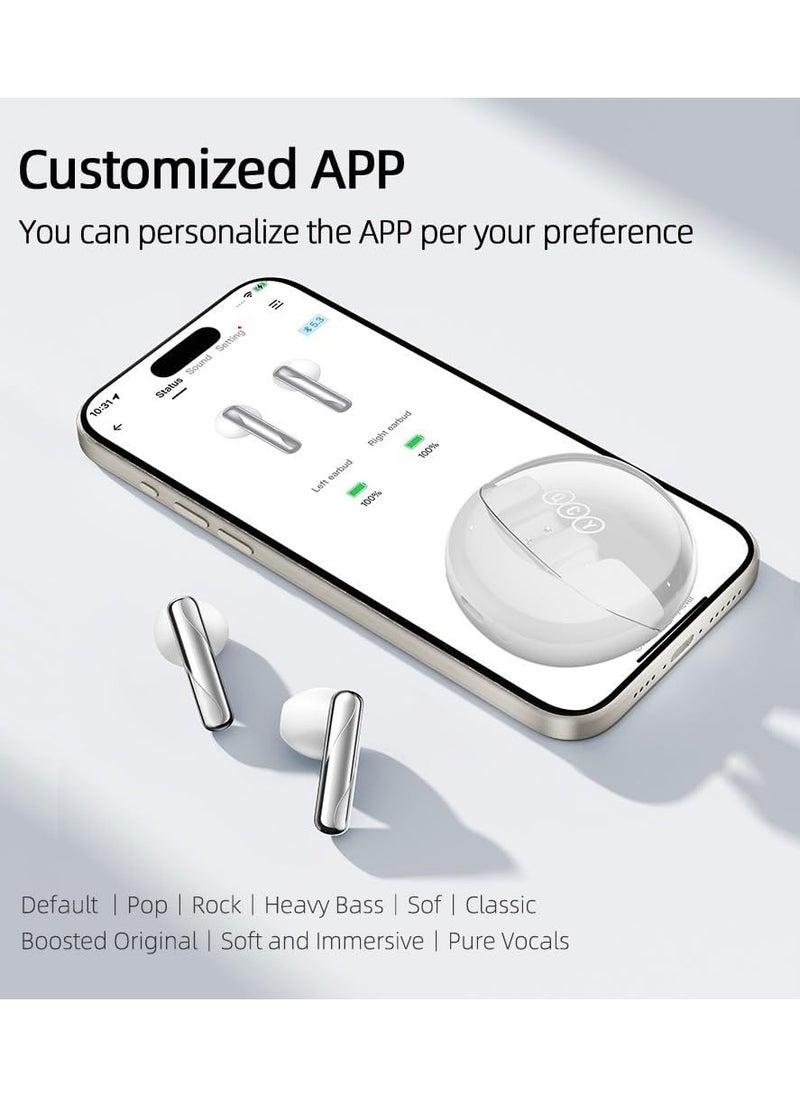 QCY AilyBuds Clear Bluetooth Earphones, 13mm Drivers HiFi TWS Wireless Earbuds, 4 Mics ENC Clear Call, Low Latency Mode, 10-Min Quick Charge, Semi in-Ear Comfortable Fit, White