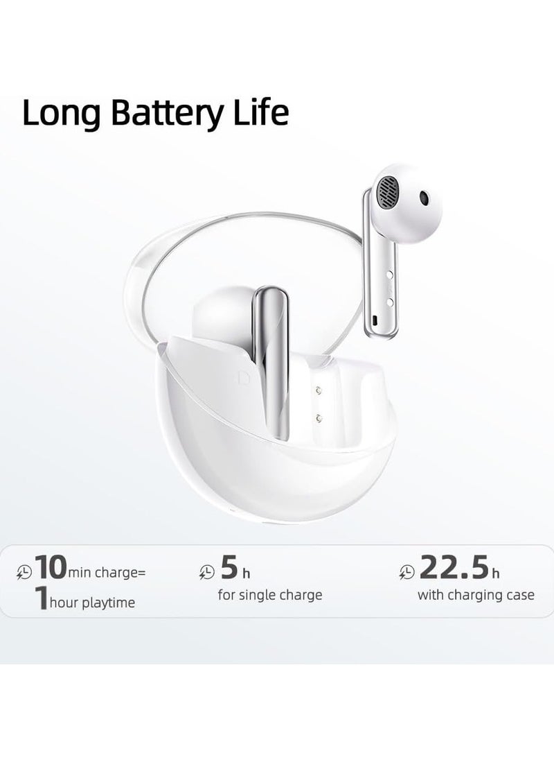 QCY AilyBuds Clear Bluetooth Earphones, 13mm Drivers HiFi TWS Wireless Earbuds, 4 Mics ENC Clear Call, Low Latency Mode, 10-Min Quick Charge, Semi in-Ear Comfortable Fit, White