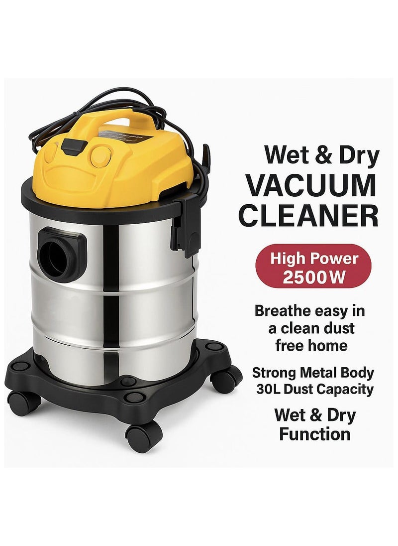 Wet & Dry Drum Vacuum Cleaner 30L with Accessories – Stainless Steel Tank, Drum Vacuum Cleaner with Powerful 2500W Motor, Heavy-Duty Vacuum Cleaner for Home, Garage, Workshop & Car Cleaning
