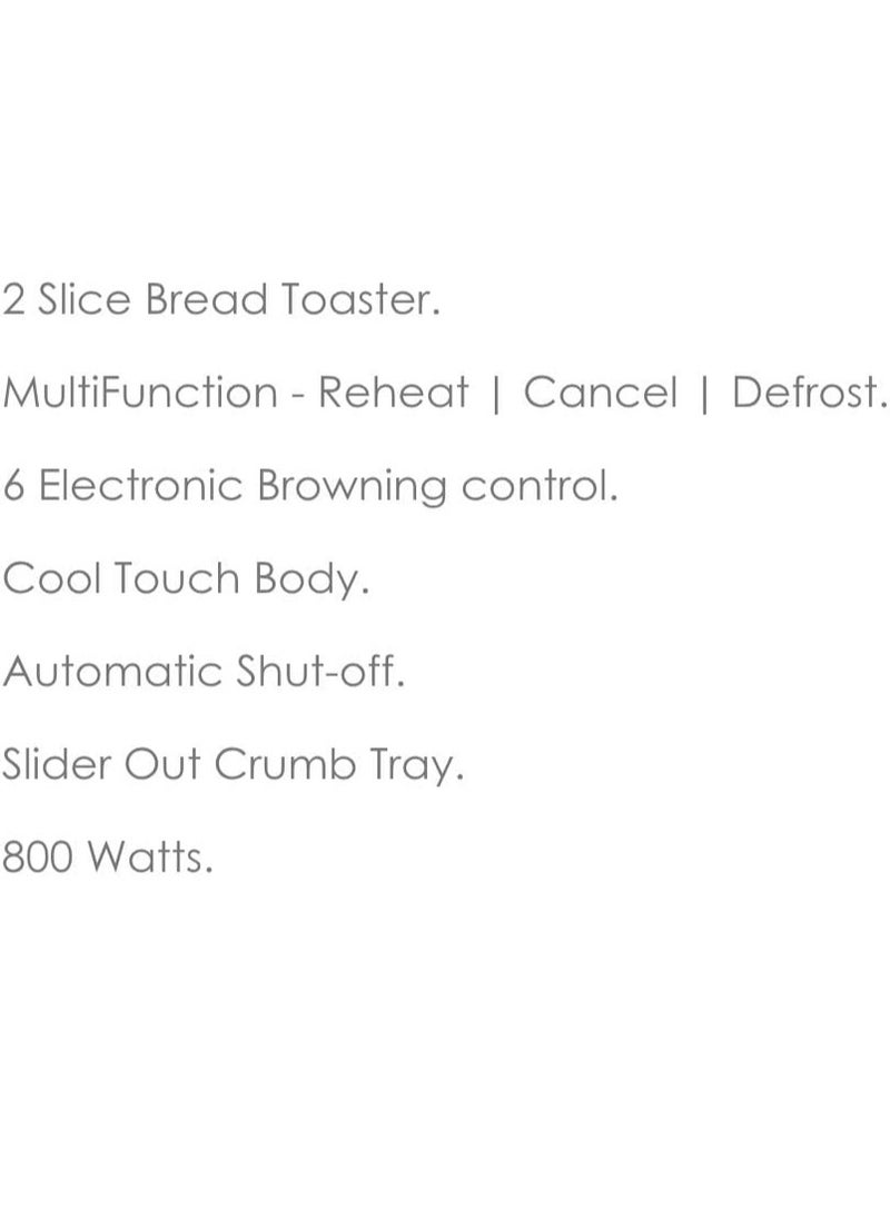 2 Slice Bread Toaster – 800W Cool Touch Toaster with 6 Browning Settings, Reheat/Defrost/Cancel Functions, Auto Shut-Off & Slide-Out Crumb Tray – Compact Electric Toaster for Breakfast