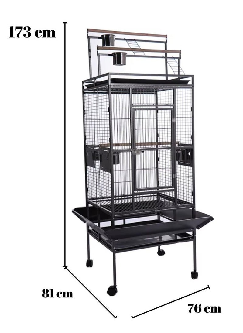 Parrot cage is a Large Birdcage with Luxury stand Food Container and wood Stick, Suitable for big parrots such as casco cocatoo ,conure,Parakeet,Budgerigar,Fischer Lovebird ,cockatiel . Made of high quality material, sturdy and durable to use ,Cage includes 4 hard and big staneless steel cups , 3 wood perch and top stand. Removable bottom grille and pull-out tray for convenient cleaning Item Dimensions after assembling :173*81*76 cm Can be used as a nice gift for your family and friends.