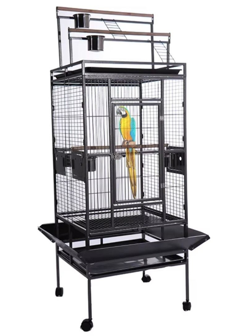 Parrot cage is a Large Birdcage with Luxury stand Food Container and wood Stick, Suitable for big parrots such as casco cocatoo ,conure,Parakeet,Budgerigar,Fischer Lovebird ,cockatiel . Made of high quality material, sturdy and durable to use ,Cage includes 4 hard and big staneless steel cups , 3 wood perch and top stand. Removable bottom grille and pull-out tray for convenient cleaning Item Dimensions after assembling :173*81*76 cm Can be used as a nice gift for your family and friends.