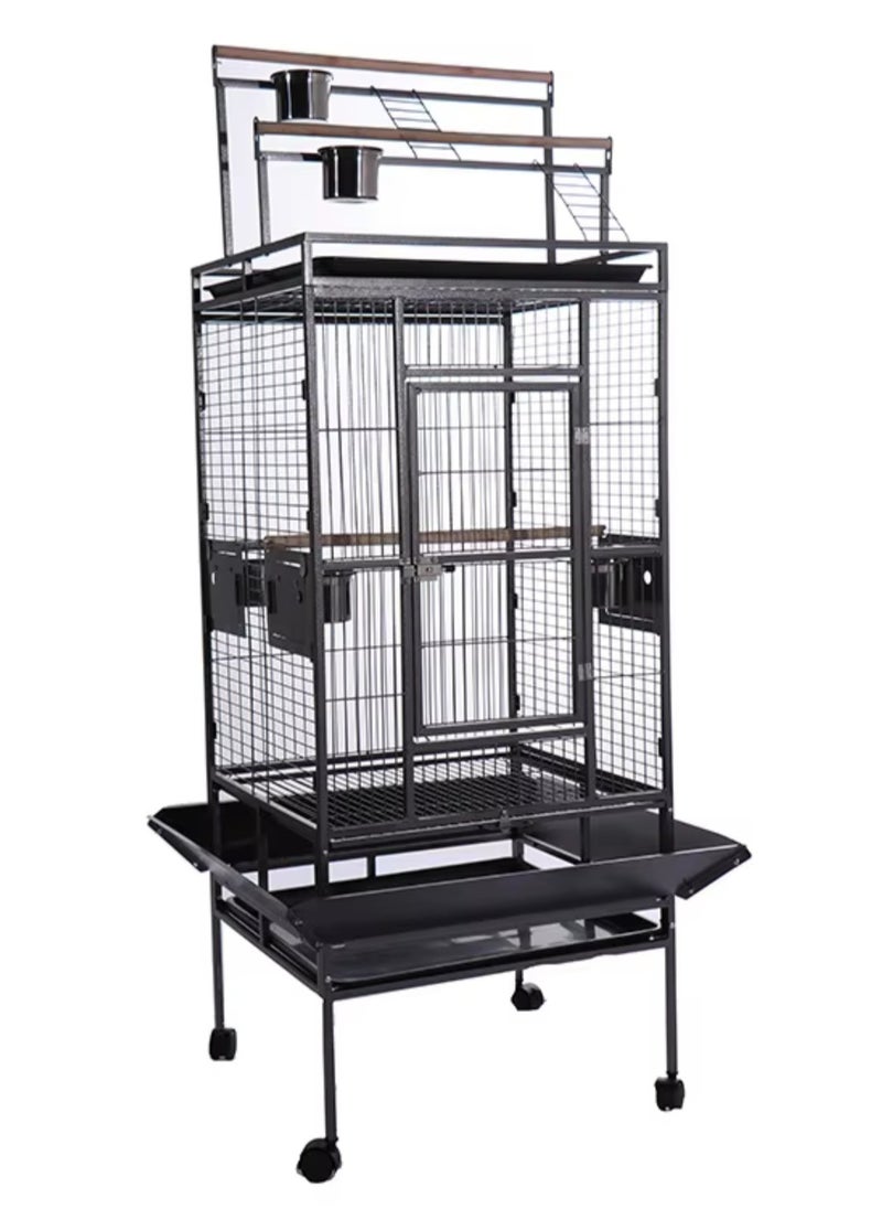 Parrot cage is a Large Birdcage with Luxury stand Food Container and wood Stick, Suitable for big parrots such as casco cocatoo ,conure,Parakeet,Budgerigar,Fischer Lovebird ,cockatiel . Made of high quality material, sturdy and durable to use ,Cage includes 4 hard and big staneless steel cups , 3 wood perch and top stand. Removable bottom grille and pull-out tray for convenient cleaning Item Dimensions after assembling :173*81*76 cm Can be used as a nice gift for your family and friends.