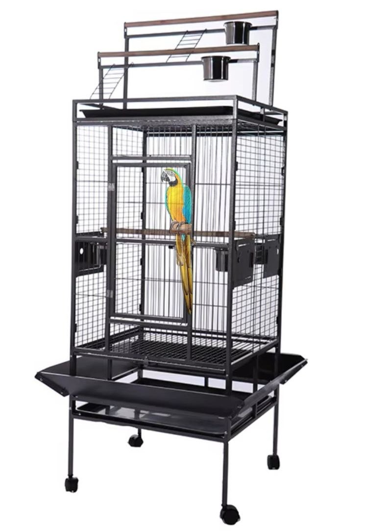 Parrot cage is a Large Birdcage with Luxury stand Food Container and wood Stick, Suitable for big parrots such as casco cocatoo ,conure,Parakeet,Budgerigar,Fischer Lovebird ,cockatiel . Made of high quality material, sturdy and durable to use ,Cage includes 4 hard and big staneless steel cups , 3 wood perch and top stand. Removable bottom grille and pull-out tray for convenient cleaning Item Dimensions after assembling :173*81*76 cm Can be used as a nice gift for your family and friends.
