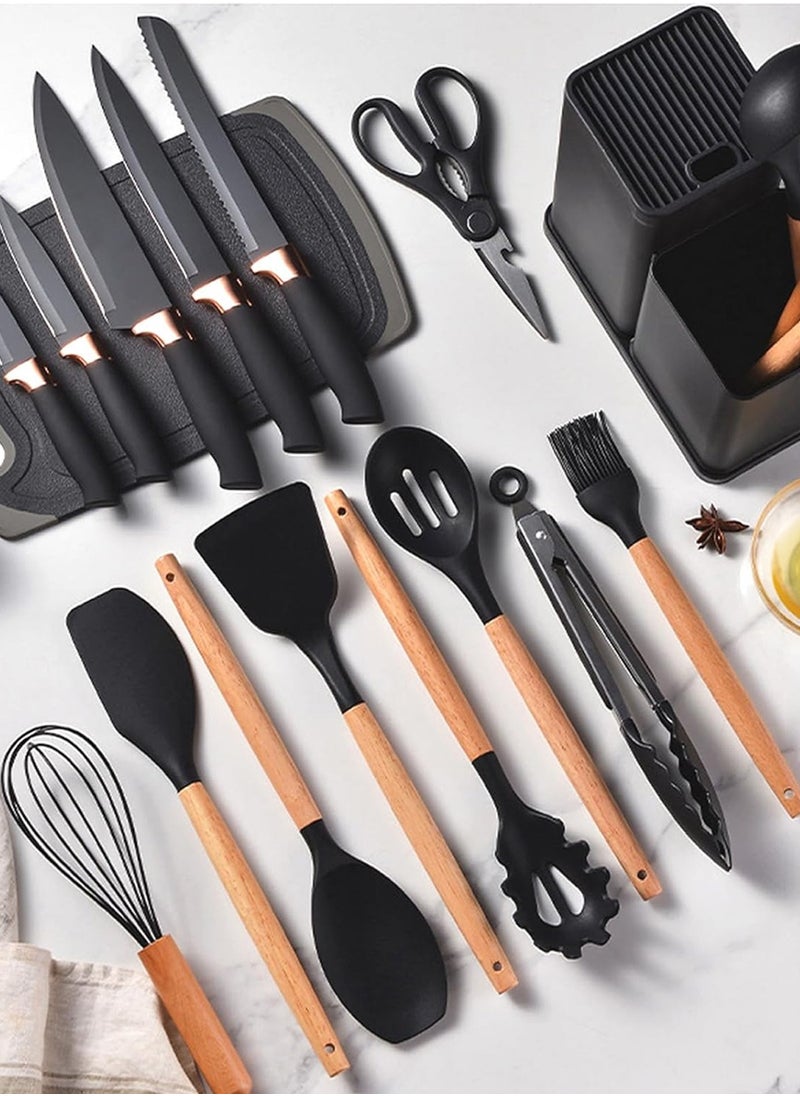 Cooking Utensils Set,19 Kitchen Set Utensils Set with 11 Pieces Spatula Cooking Utensils,Heat Resistant Silicone Utensils 6 Piece Sharp Knife Set 2 Pieces Utensil Cutting Board (Black 19 PCS Set)