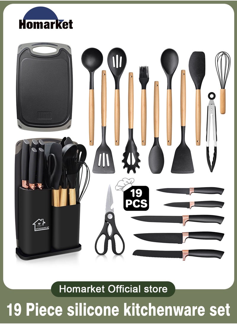 Cooking Utensils Set,19 Kitchen Set Utensils Set with 11 Pieces Spatula Cooking Utensils,Heat Resistant Silicone Utensils 6 Piece Sharp Knife Set 2 Pieces Utensil Cutting Board (Black 19 PCS Set)
