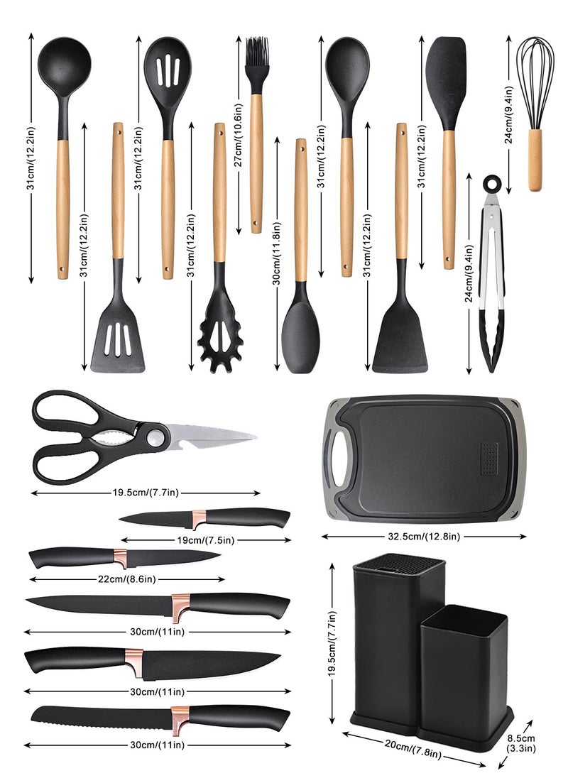 Cooking Utensils Set,19 Kitchen Set Utensils Set with 11 Pieces Spatula Cooking Utensils,Heat Resistant Silicone Utensils 6 Piece Sharp Knife Set 2 Pieces Utensil Cutting Board (Black 19 PCS Set)