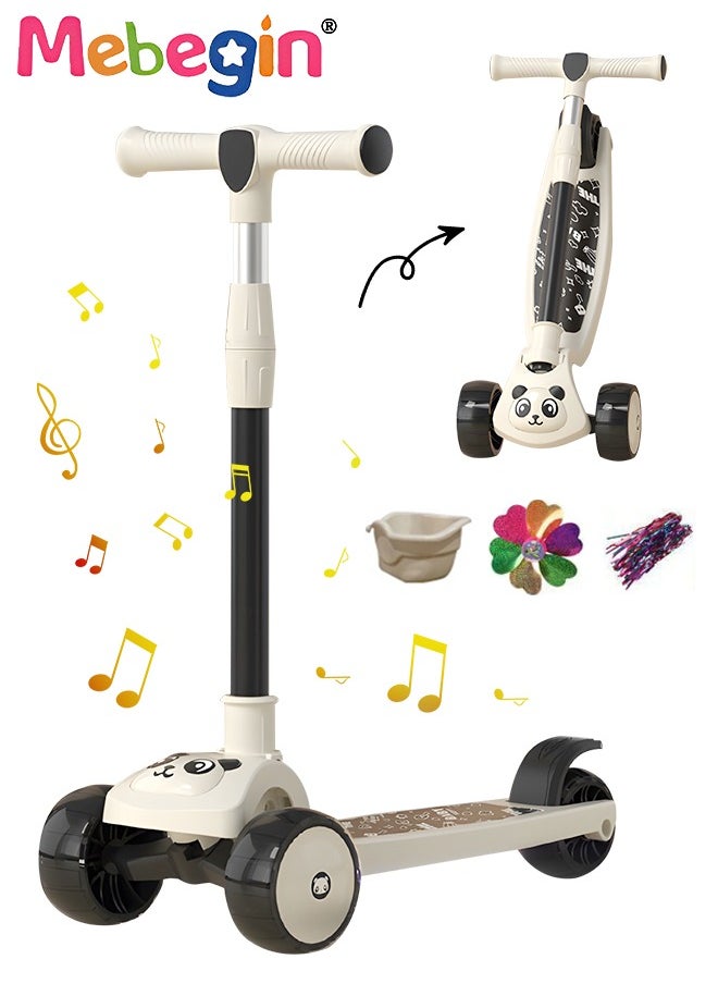 Foldable 3 Wheel Scooter with Windmill and Car Basket, Non-Slip Scooter with Light and Music, Kids Kick Scooter, Adjustable Height, Extra-wide Deck for Stability, No Installation Required