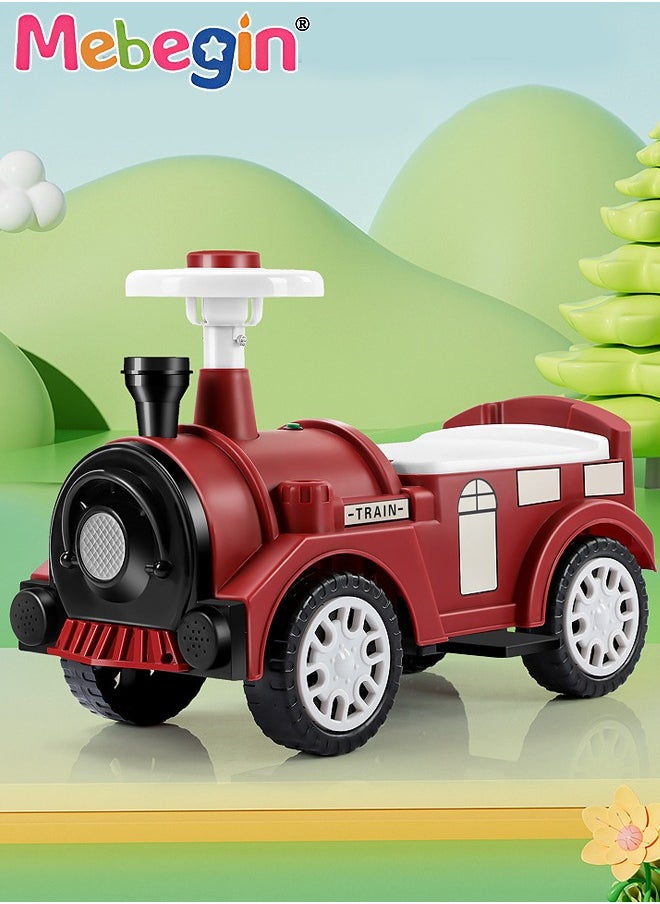 Kids 4-wheeled Balance Car with Large Storage Space Under Seat, Push Car with Music and Light, Anti Roll-over Toy Car, Sturdy Ride On Toy, Train-shaped Push Along Car, No Pedal