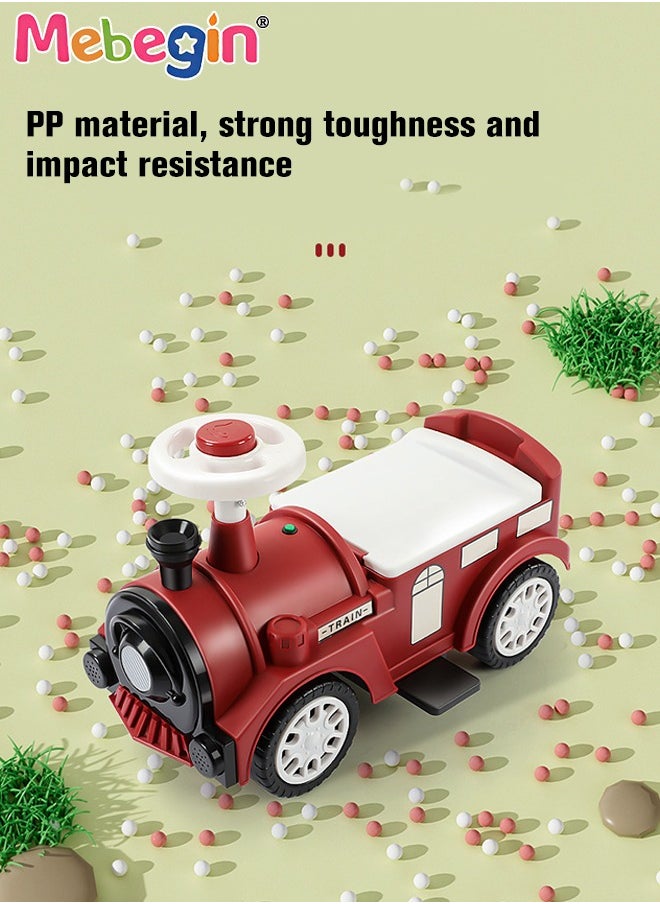 Kids 4-wheeled Balance Car with Large Storage Space Under Seat, Push Car with Music and Light, Anti Roll-over Toy Car, Sturdy Ride On Toy, Train-shaped Push Along Car, No Pedal