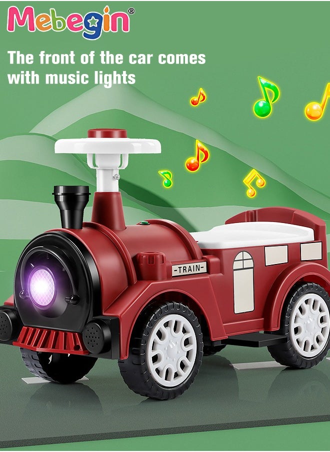 Kids 4-wheeled Balance Car with Large Storage Space Under Seat, Push Car with Music and Light, Anti Roll-over Toy Car, Sturdy Ride On Toy, Train-shaped Push Along Car, No Pedal