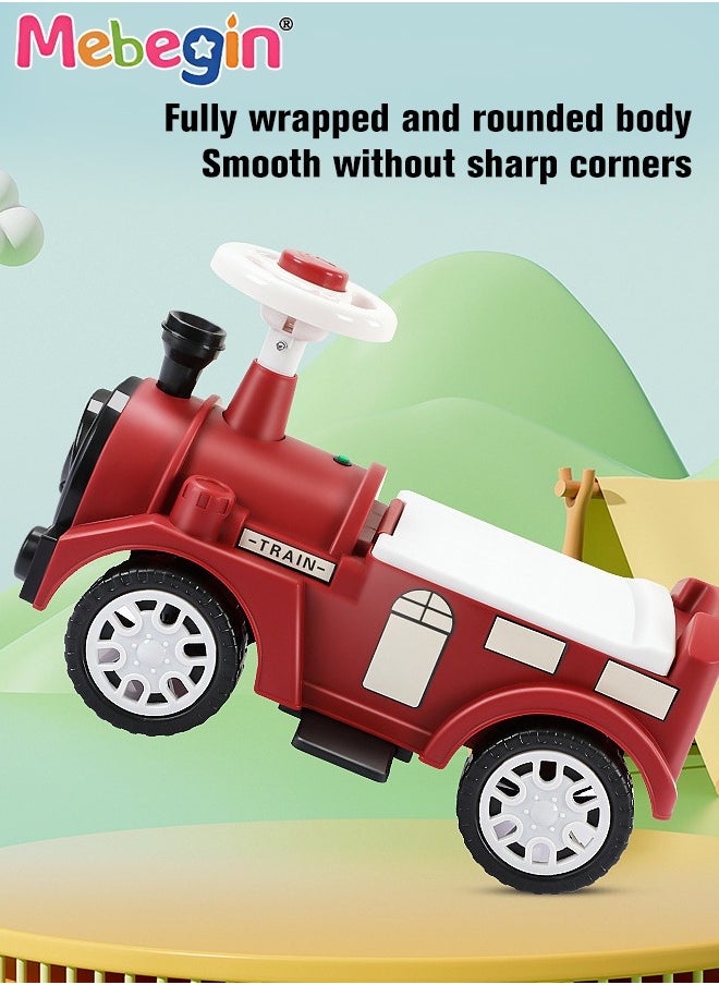 Kids 4-wheeled Balance Car with Large Storage Space Under Seat, Push Car with Music and Light, Anti Roll-over Toy Car, Sturdy Ride On Toy, Train-shaped Push Along Car, No Pedal