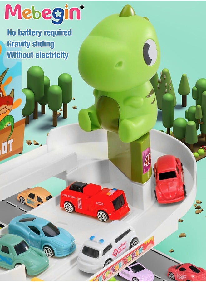 Dinosaur Track Parking Lot with Music and Light Effects, 3-floor Toy Car Garage for Kids, Garage Track Set with 6 Cars and 1 Map, STEM Educational Playset, Perfect Toy for Endless Fun and Learning,