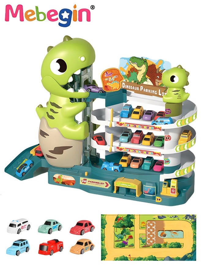 Dinosaur Track Parking Lot with Music and Light Effects, 3-floor Toy Car Garage for Kids, Garage Track Set with 6 Cars and 1 Map, STEM Educational Playset, Perfect Toy for Endless Fun and Learning,